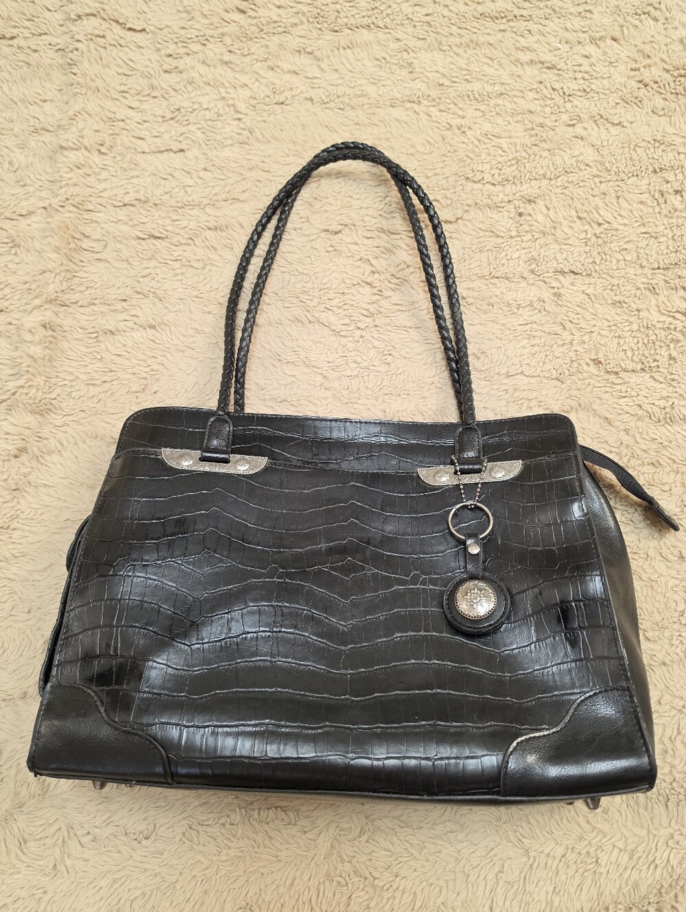Bueno Vintage Black Croc-Embossed Handbag with Pendant Charm